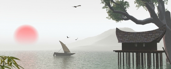 small boat with sun rising